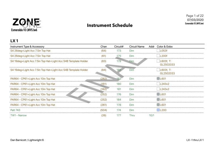 Lightwright Instrument Schedule